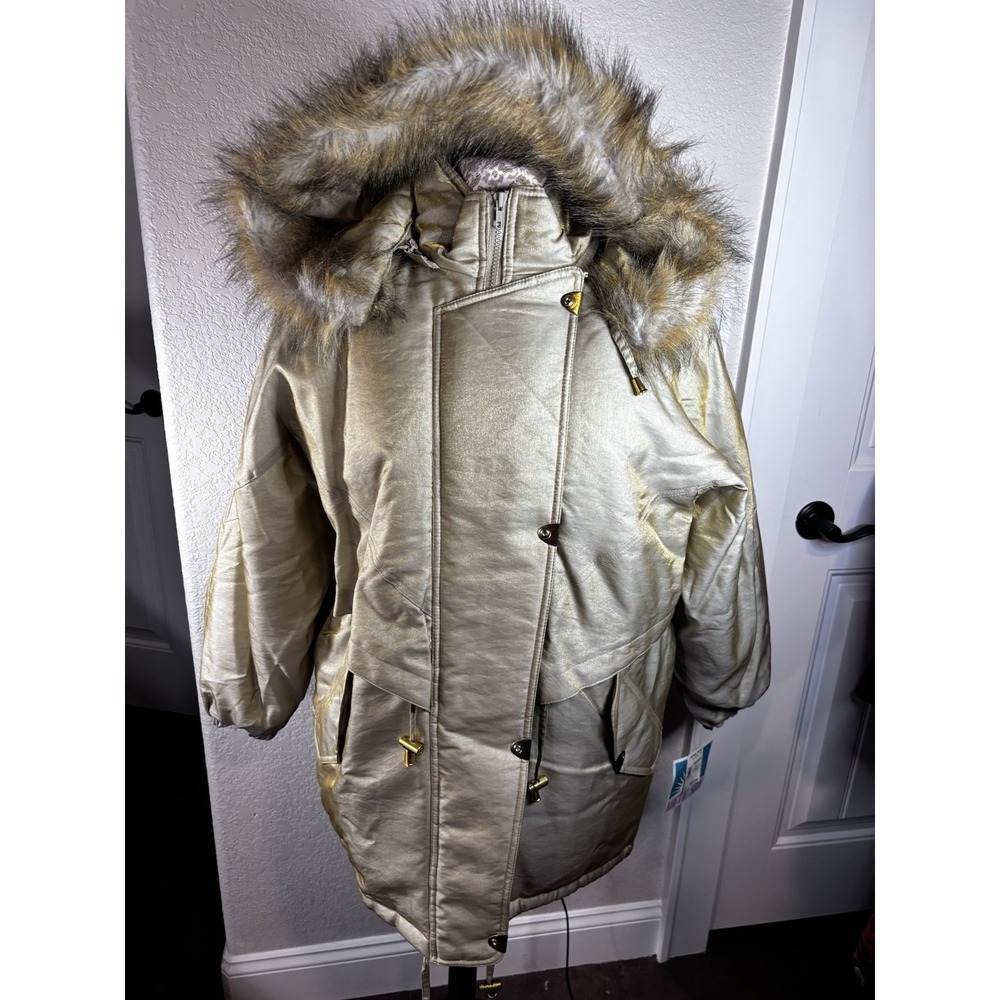 NWT Vtg Artic Sun Gold Metallic Parka Faux Fur Trim Hood M Polyfil Cozy‎ Skiing